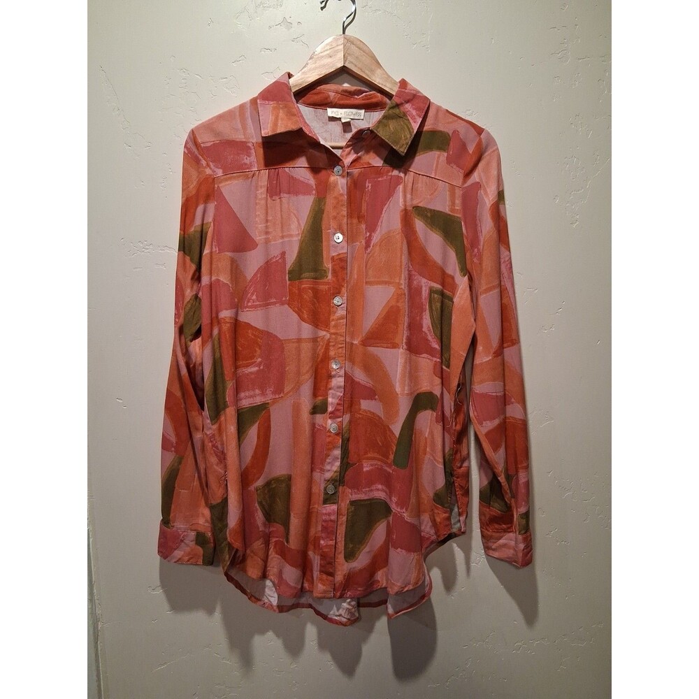 Anthropologie Fig‎ Flower Sz M Button Up Shirt Blouse Abstract Corals Red Green
